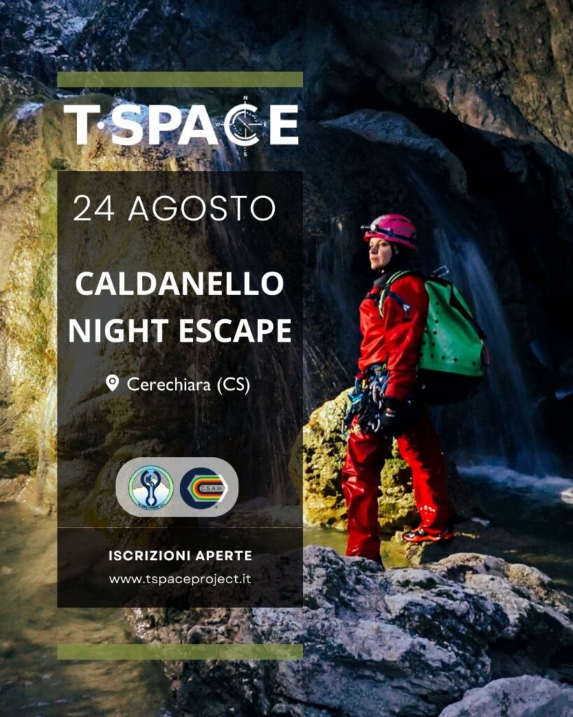 locandina dell'esplorazione in canyoning dal nome CALDANELLO NIGHT ESCAPE del 24 agosto 2024